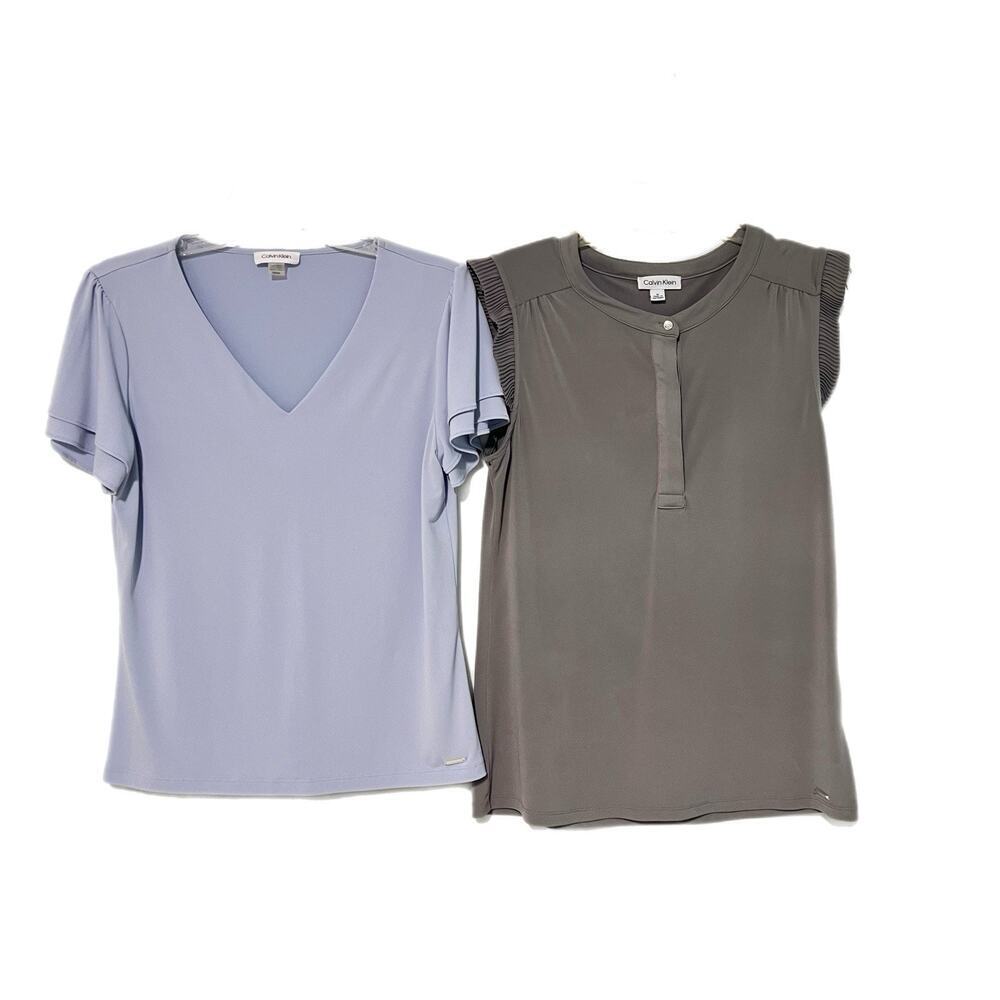 Calvin Klein Lot 2 Tops Women Medium V Blue Gray Career Office Blouse Stretch